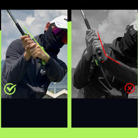 Golf Swing Trainer Wrist Aid For Instant Feel And Form showing correct and incorrect wrist positions side by side