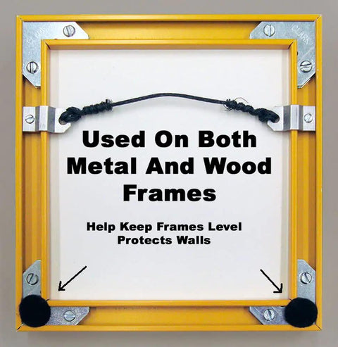 Self Adhesive Black Felt Bumpers One Half Inch Diameter One Eighth Inch Thick Forty Eight Pack for frame protection shown in use