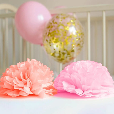 Peach and pink pom poms with balloons, part of Colorful Tissue Paper Pack 150 Sheets for Gift Wrapping and Crafting.