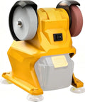 Mini Cordless Bench Grinder Badass Powerhouse Compatible With DeWalt 20V Max Batteries, yellow unit with dual abrasive discs.