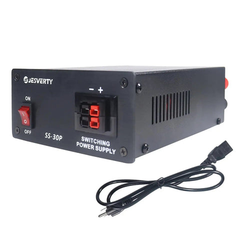 Front view of DC Regulated Bench Power Supply 13.8V 30A Compact Universal with USB and Type C Quick Charge, showing main switch and cable