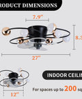27 Inch Ceiling Fan With Light No Fuss Remote Control Dimmable LED And 3 Color Temperatures With 1 2 4 8 Hour Timers Quiet Reversible Motor For Bedroom Living Room Study Kitchen Porch Black dimensions and usage guide.
