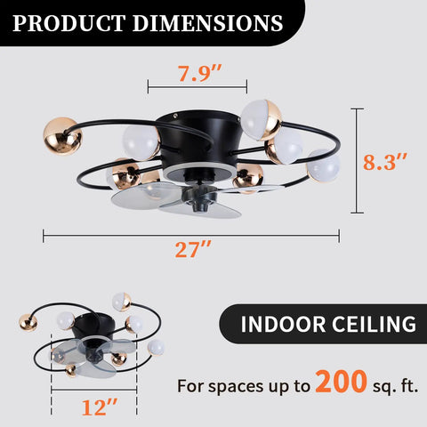 27 Inch Ceiling Fan With Light No Fuss Remote Control Dimmable LED And 3 Color Temperatures With 1 2 4 8 Hour Timers Quiet Reversible Motor For Bedroom Living Room Study Kitchen Porch Black dimensions and usage guide.