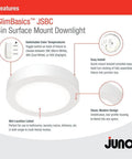 Slick 4 Inch Led Ceiling Light Low Profile Surface Mount Downlight Wet Rated Matte White Trim with switchable color temperatures.
