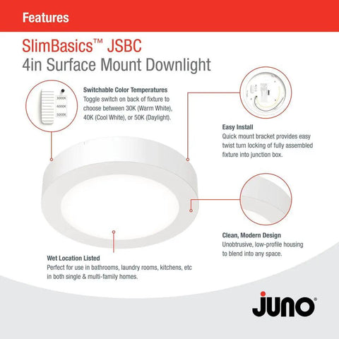 Slick 4 Inch Led Ceiling Light Low Profile Surface Mount Downlight Wet Rated Matte White Trim with switchable color temperatures.