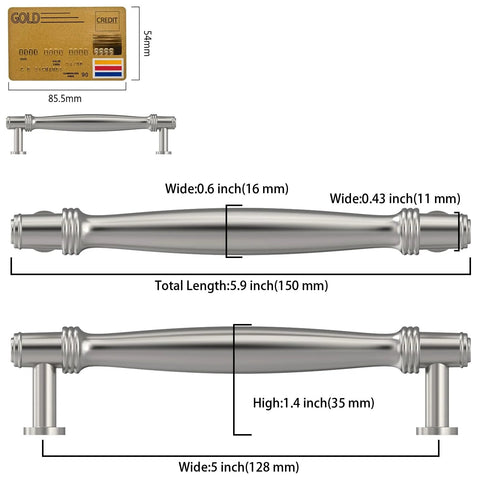 Image of 10 Pack Brushed Satin Nickel Cabinet Pulls With 5 Inch Hole Centers For Cabinets Cupboards And Drawers, showing size dimensions.