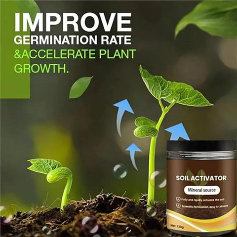 Plant And Lawn Growth Booster With Liquid Bone Meal Fertilizer To Revitalize Soil And Boost Root Health For Indoor And Outdoor Plants And Lawns 120G Easy To Use Pro Grade Soil Revitalizer in jar next to sprouting plant