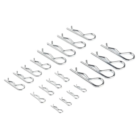 100 Piece R Cotter Pin Assortment Kit With Galvanized Carbon Steel Mechanical Hitch Pins arranged in rows by size