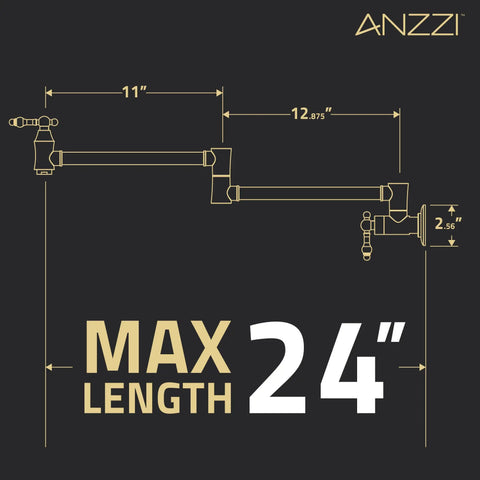 Wall Mount Pot Filler Faucet With 24 Inch Reach Pro Grade Dual Swivel Joints And Twin Handles shown with max length dimensions