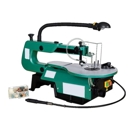 16 Inch Variable Speed Scroll Saw With Rock Solid 120W Motor And Bright Work Light, showcasing adjustable speed and flexible lamp.