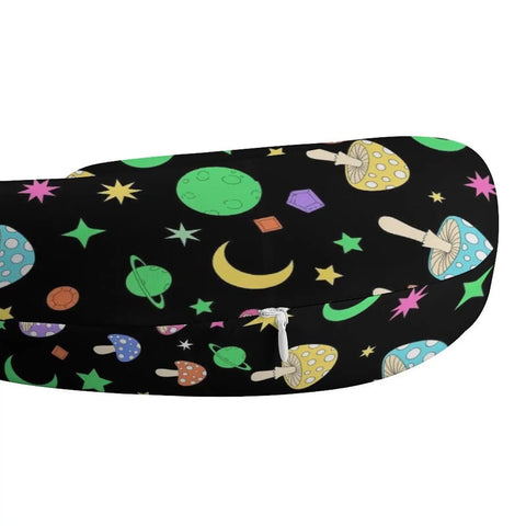 Travel Neck Pillow For Adults, U Shaped Memory Foam Support, Breathable Polyester Cover, Neon Mushrooms Design close-up