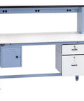 Solid Modular Technical Workbench With ESD Laminate Surface, 60 By 30 Inch with locking drawers and built-in risers.