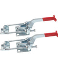 Heavy Duty Toggle Latch Clamp With 2183lbs Holding Power And Quick Release Pull Hasp For Freezer Doors Gun Vests And Toolboxes Made From Strong Galvanized Iron, showing two zinc-coated clamps with red handles.