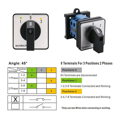Heavy Duty 20A 660V 2 Pole Changeover Switch With 3 Position Rotary Selector For Motor Reversing And Generator Dual Section Eight Terminal Layout 35mm DIN Rail Mount SZW26 20 D2022 B11R front and side view