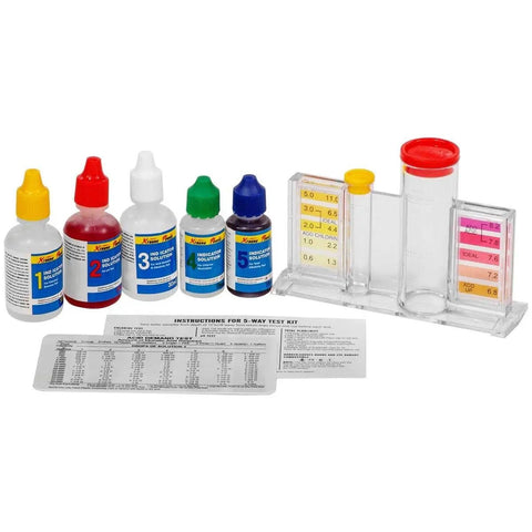 Five Way Pool Test Kit For pH, Chlorine, Bromine, Alkalinity, DIY Water Testing With Clear View Block And Color Chips, Includes Case