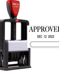 Heavy Duty Self Inking Date Stamp Featuring Sleek Black Ink And Comfortable Ergonomic Design With An Extra Large Month Day Year Layout, showing approved date.