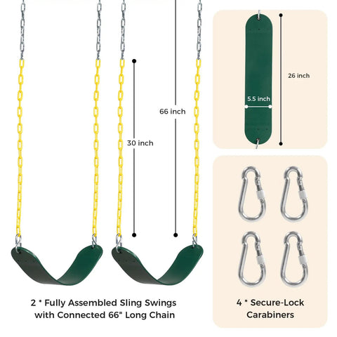 Two Pack Outdoor Swing Seats With 66 Inch Rust Resistant Heavy Duty Chains For Backyard Playground Replacement Anti Slip EVA Seats Supports Up To 330 Lb For Kids And Adults Green with secure-lock carabiners