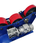 Beefed Up Workhorse Wheel Welding Tank Turning Rolls With Linkage Roller And Welding Positioner For Welding Equipment Support 3000 Kg Load Capacity 70 To 1200 Mm Diameter Range 370W Motor Adjustable Speed 150 To 1000 Mm Min. blue frame with red rollers and motor