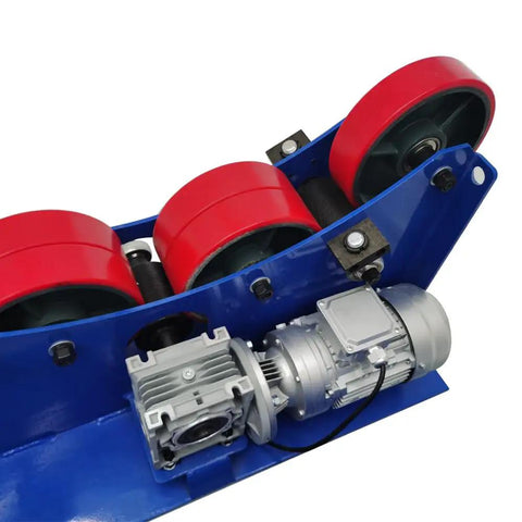 Beefed Up Workhorse Wheel Welding Tank Turning Rolls With Linkage Roller And Welding Positioner For Welding Equipment Support 3000 Kg Load Capacity 70 To 1200 Mm Diameter Range 370W Motor Adjustable Speed 150 To 1000 Mm Min. blue frame with red rollers and motor