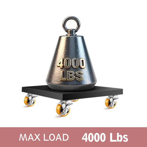 Beefy 4 Inch Industrial Locking Casters Set Of 4 Rock Solid Four K Heavy Duty Swivel Wheels For Carts And Workbenches Thick Steel Plate Mount In Bright Orange on a black platform with a 4000 lbs weight.