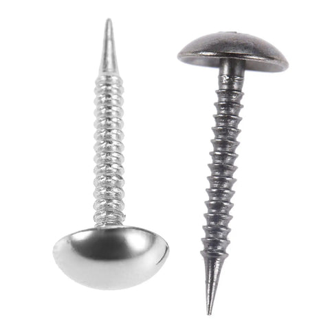 Kick Your Home Decor Up A Notch With These Legit Tough Vintage Silver Upholstery Nails 100 Piece Zinc Alloy Furniture Tacks Smooth Finish For DIY Crafts And Upcycling Projects, showing silver tacks with smooth heads.