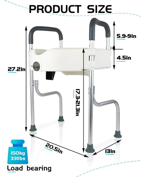 Raised Toilet Seat With Handles For Seniors And Post Surgery Recovery, Adjustable Height, Easy Install Safety Frame.