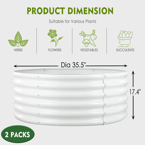 Two Pack Round Galvanized Raised Garden Bed Kit 3 By 3 By 1.5 Feet Open Bottom Outdoor Planter dimensions with plant icons