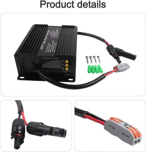 Built Tough 1000W Solar Charge Controller 24V To 72V, showing display screen and connection wires for quick assembly.