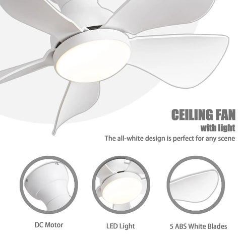 Tiny Ceiling Fan With Lights And Remote, Flush Mount, Low Profile 30 Inch, 5 Reversible Blades, 6 Speeds, White Finish