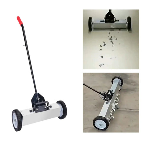 Smooth Rolling Metal Sweeper Broom, 18 Inch Push Debris Collector For Workshop Construction Yard. Heavy Duty Lawn Sweep With Wheels To Pickup Iron Filings And Clutter Easily At Home Or In The Garage. Essential Shop Cleaning Tool.