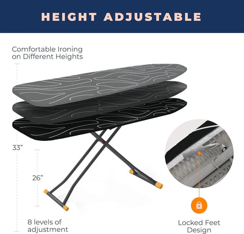 Height adjustable ironing board with locked feet design and Extra Thick Heavy Duty Ironing Board Cover And Pad With Four Layers Nonstick Surface Scorch And Stain Resistant 15 By 54 Inches Elastic Edge With Three Fasteners Includes Bonus Protective Scorch Mesh Cloth