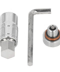 Heavy Duty Stainless Steel M12x1.75 Self-Tapping Oil Drain Plug Kit For Engine Repair With Precision CNC Threads And Easy Diy Installation, shown with wrench