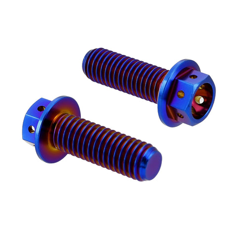 Titanium bolts in angled view; two M6x12mm bolts with blue burnt rainbow finish and flange hex heads.