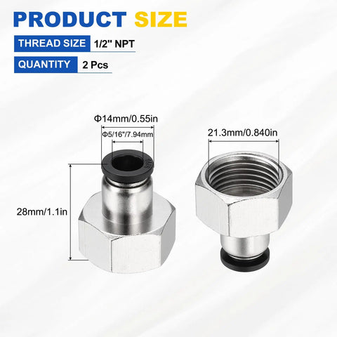 2 Pack Push To Connect Fittings 1/2 NPT Female Straight Quick Connect For 5/16 Inch Air Tubing Nickel Plated Brass
