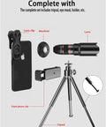 Dual Focus Low Light Telescope Monocular With Smartphone Tripod set showing lens, phone clip, and tripod components