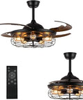 Retractable Ceiling Fan With Lights In Black Dope Industrial Cage Design With Remote Control Farmhouse Chandelier Style Fan