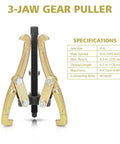 8 Inch 3 Jaw Gear Puller Removal Tool Workhorse with specs showing jaw size, spread, reach, and thread length