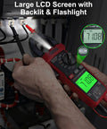 Rugged Digital Clamp Meter And Multimeter With TRMS 6000 Counts showing large backlit LCD in use on electrical wires