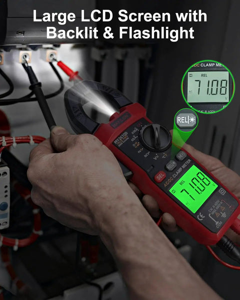 Rugged Digital Clamp Meter And Multimeter With TRMS 6000 Counts showing large backlit LCD in use on electrical wires