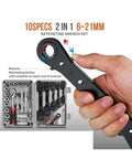 Close-up of hand holding black ratchet wrench with ratchet set in portable case, titled '10 Specs 2 in 1 6-21mm Ratcheting Wrench Set'