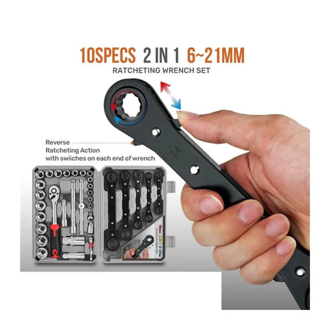 Close-up of hand holding black ratchet wrench with ratchet set in portable case, titled '10 Specs 2 in 1 6-21mm Ratcheting Wrench Set'