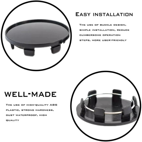 Top Tier Heavy Duty Wheel Center Hub Caps Snapping Design For Cars Suvs And Trucks Sleek Matte Black Abs Plastic Rim Covers top view and underside details.