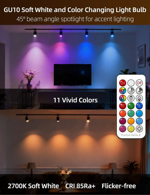 Color Changing GU10 RGB LED Bulb 12 Colors, 5W Dimmable, Remote Pack of 4 with remote and color variations in living room