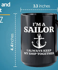 15Oz Black Sailor Coffee Mug My Ship Together Funny Boating Gift For Boaters with anchor design, 3.3 x 4.4 inches