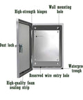 Heavy Duty Stainless Steel Electrical Enclosure Box With Hinged Cover For Indoor And Outdoor Use open view showing features.