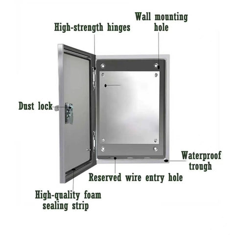 Heavy Duty Stainless Steel Electrical Enclosure Box With Hinged Cover For Indoor And Outdoor Use open view showing features.