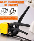 Heavy Duty Sealless Steel Strapping Tool Manual 3In1 Tensioner Crimper Cutter for 1/2 and 3/4 inch steel bands in use.