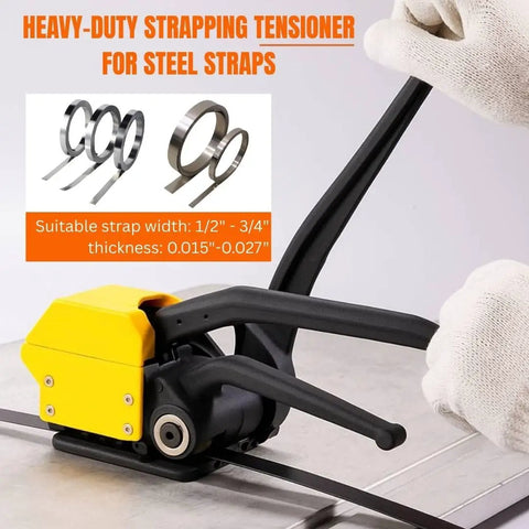 Heavy Duty Sealless Steel Strapping Tool Manual 3In1 Tensioner Crimper Cutter for 1/2 and 3/4 inch steel bands in use.