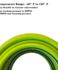 Close-up of green heavy-duty hybrid air hose with temperature range details, Air Hose 3/8 In By 10 Ft Beefed-Up Heavy Duty Hybrid Air Compressor Hose