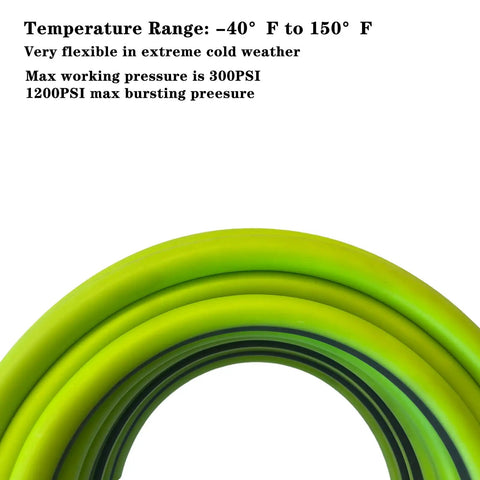 Close-up of green heavy-duty hybrid air hose with temperature range details, Air Hose 3/8 In By 10 Ft Beefed-Up Heavy Duty Hybrid Air Compressor Hose